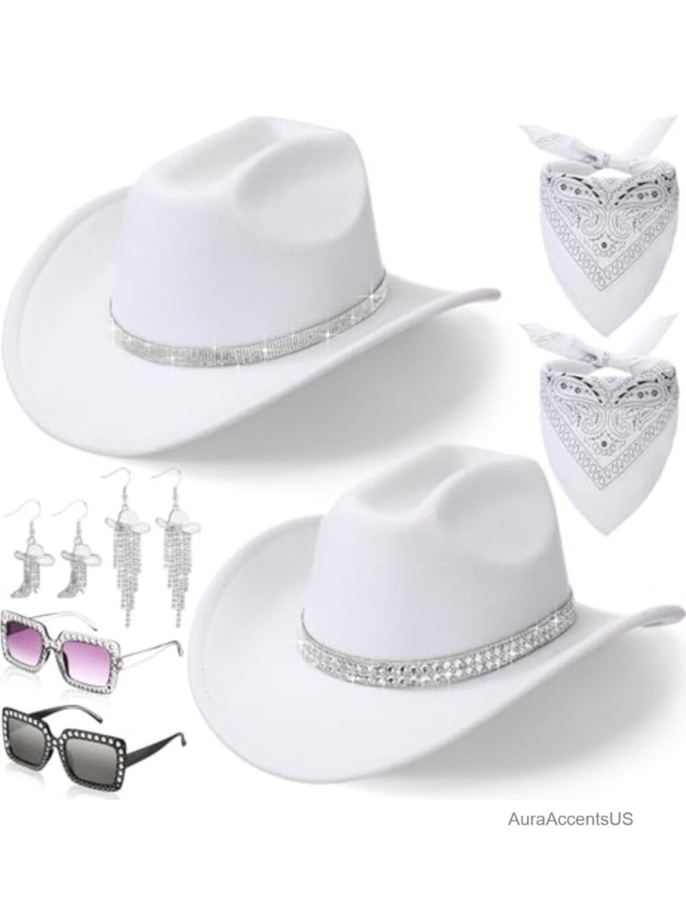 Rhinestone Cowboy Hat Set Wool Fabric Bandanas Heart Sunglasses Earrings Western